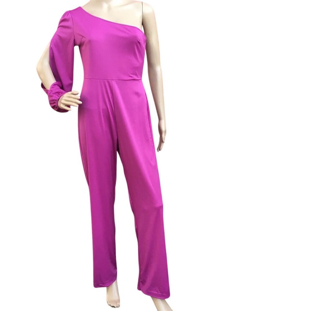 Women's One Shoulder Ruffle Sleeve Jumpsuit Pink Size M Casual‎